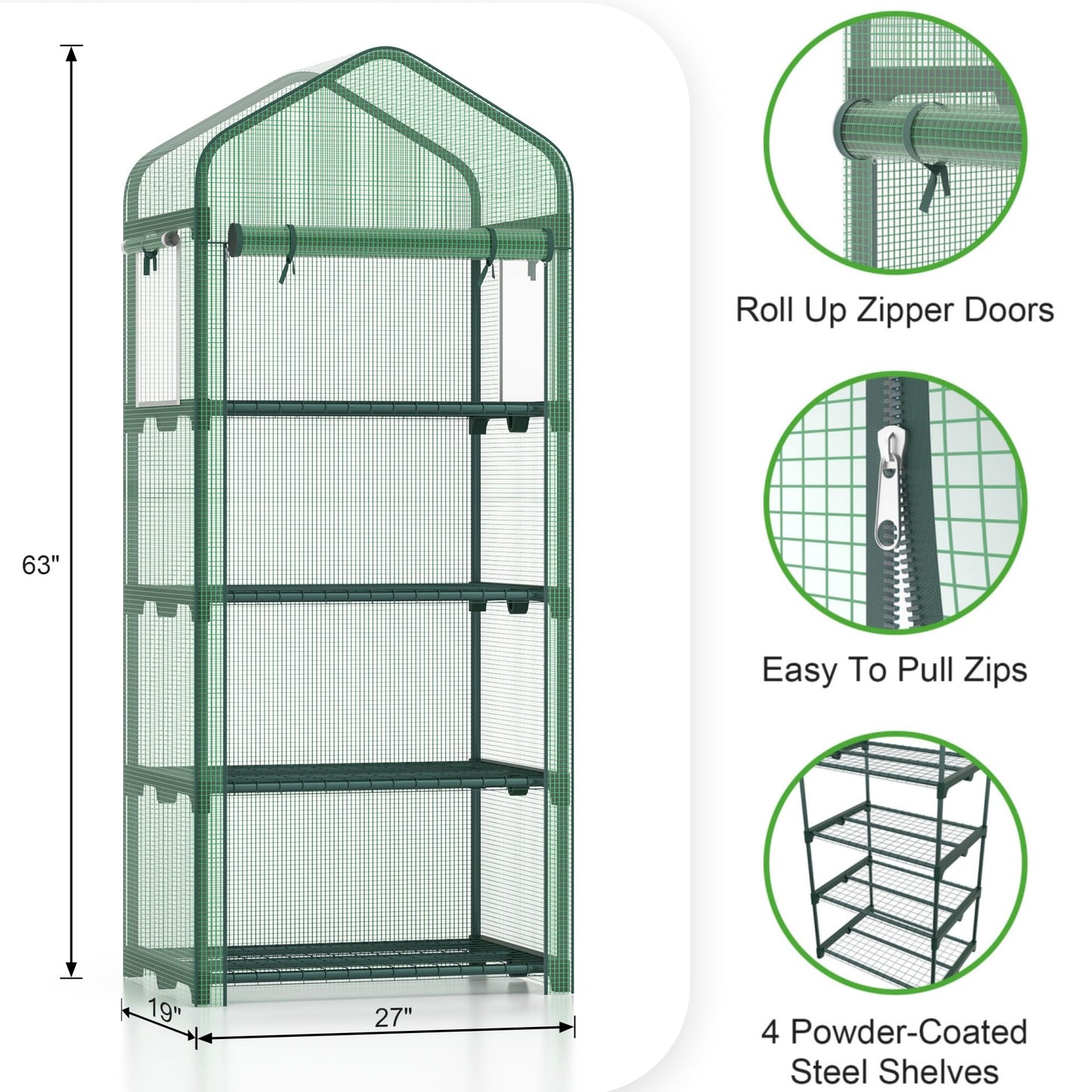 Kecreque Mini Greenhouse 4-Tier Small Greenhouses for Outdoor Indoor 27"x19"x63" Portable Greenhouse w/ Screen Windows & Waterproof PE Cover Green House for Backyard Balcony Seedling Raising