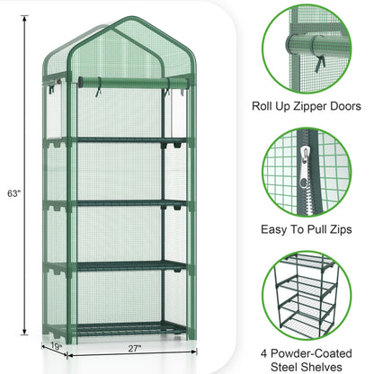 Kecreque Mini Greenhouse 4-Tier Small Greenhouses for Outdoor Indoor 27"x19"x63" Portable Greenhouse w/ Screen Windows & Waterproof PE Cover Green House for Backyard Balcony Seedling Raising