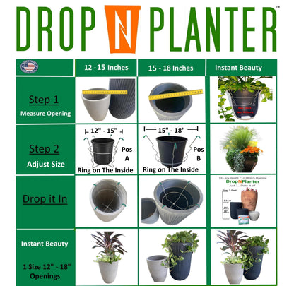 Premium Adjustable Planter Insert. Start at The TOP/Any Height Flower Pot. Any Opening 12-18 Inches Wide - Patented Fit, Stable, No Tools, Watch The Video & Drop IT in..Made in The USA