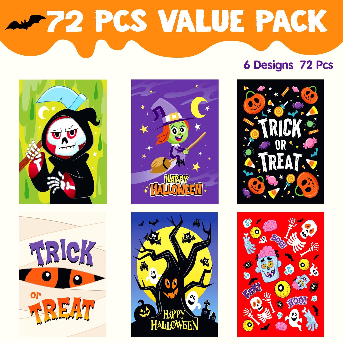 JOYIN 72 Pcs Halloween Candy Bags, Trick or Treating Goodie Bags in 6 Character Themed Designs for Kids Halloween Party Favor, Plastic Snacks Stuffers Bag for Party Supplies