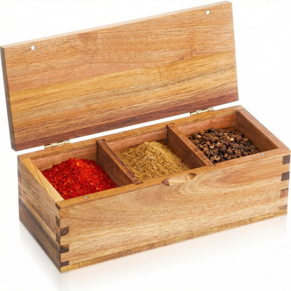 Yiyiring Acacia Wood Salt Cellar Spice Box with Magnetic Lid 29oz Large Capacity Salt Organizer 3 Compartments for Kitchen Countertop, Pepper, Seasonings, Spices, Grilling & Cooking