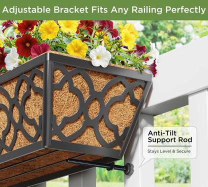 Y&M 4pcs 24 Inch Window Deck with Coconut Coir Liner, 24" Railing Planter Horse Trough Coco Basket Boxes Metal Hanging Flower Balcony for Outdoor Garden Fence Lawn