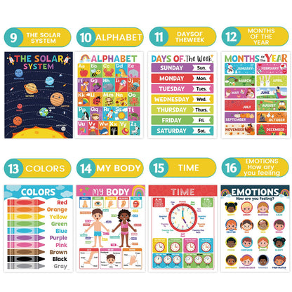 16PCS Classroom Educational Posters - Laminated Educational Posters For Toddlers, 14.7'' x 11.5'' Preschool Learning Posters, Alphabet Number Charts, Kindergarten Classroom Wall Decor, Playroom Homeschool Daycare & Classroom Decor, Kindergarten & Preschoo