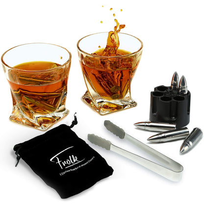 Whiskey Chillers Premium Gift Set By Frolk, Set of 6 Extra Large Stainless Steel Whiskey Stones, 2 Large Twisted Whiskey Glasses (11 oz), Freezer Base, Velvet Pouch & Tongs in Novelty Wooden Box