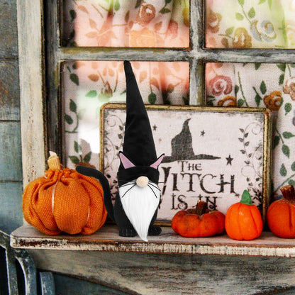 Upltowtme Black Cat Gnome Plush 13.5" Handmade Scandinavian Tomte Figurine Halloween Christmas Gnomes Spring Farmhouse Decor Ideal Gift for Women and Cat Lovers