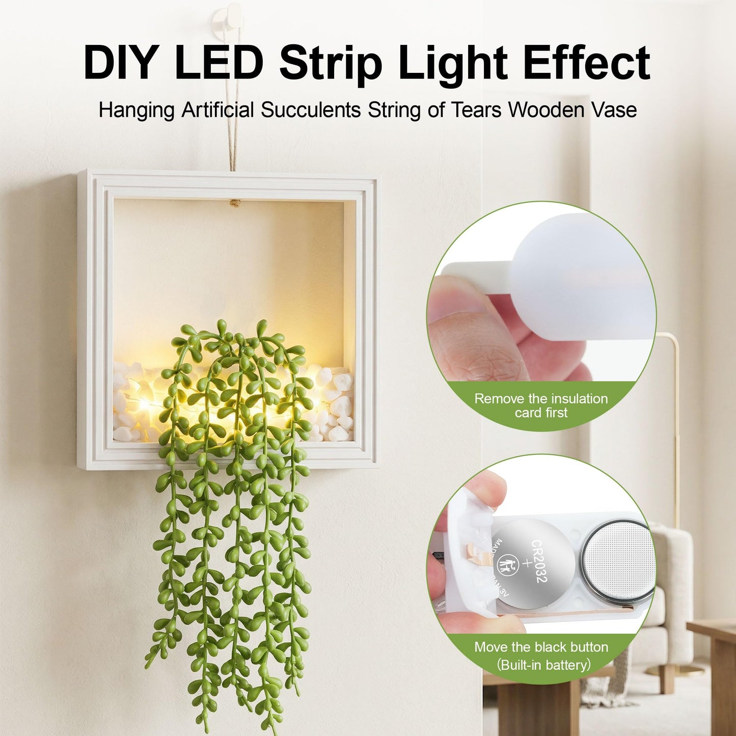 FancyPlus 2 Pack Fake Plants Hanging, Artificial Succulents Plants in Square Wooden Frame with LED Lights, Boho Wall Decor for Office Living Room Bathroom Bedroom Kitchen Indoor Outdoor, White