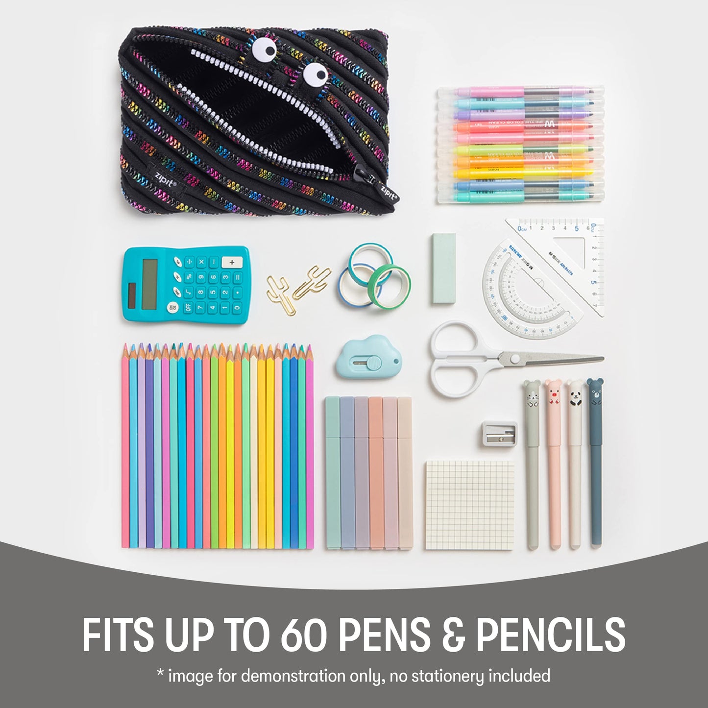 ZIPIT Monster Large Pencil Case for Kids | Pencil Pouch for School, College and Office | Pencil Bag for Boys & Girls (Black & Rainbow)
