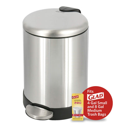 Glad Small Trash Can, 1.2 Gallon | Round Stainless Steel Garbage Bin with Soft Close Lid & Step Foot Pedal | Metal Waste Basket with Removable Inner Bucket, Stainless, 8 x 9.5 x 12 inches