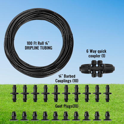 MIXC 1/4" Irrigation Dripline Tubing (100 Ft Roll), Saving 80% Water, 6" Emitter Spacing, 0.5 GPH Emitters Built-In Drip Irrigation Line with 1/4" Fittings Included, Black