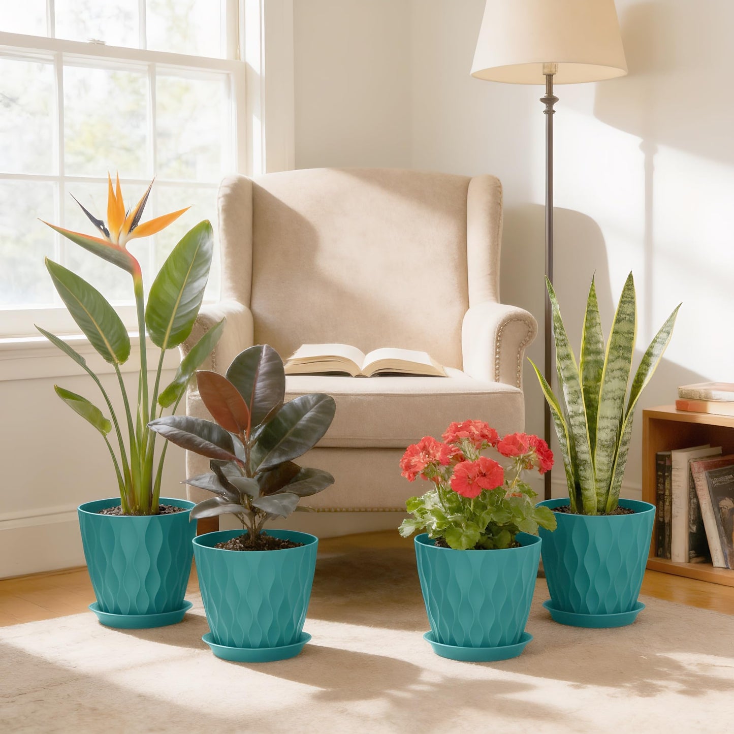 UOUZ 8 Inch Plant Pots, 4 Pack Plastic Planters for Indoor Outdoor with Drainage Holes & Saucers, Waffle Texture Flower Pots for Indoor Plants, Indoor Plant Pots for Monstera, Fiddle Leaf Fig Blue