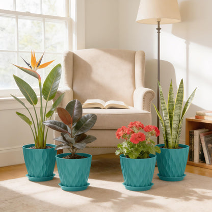 UOUZ 8 Inch Plant Pots, 4 Pack Plastic Planters for Indoor Outdoor with Drainage Holes & Saucers, Waffle Texture Flower Pots for Indoor Plants, Indoor Plant Pots for Monstera, Fiddle Leaf Fig Blue