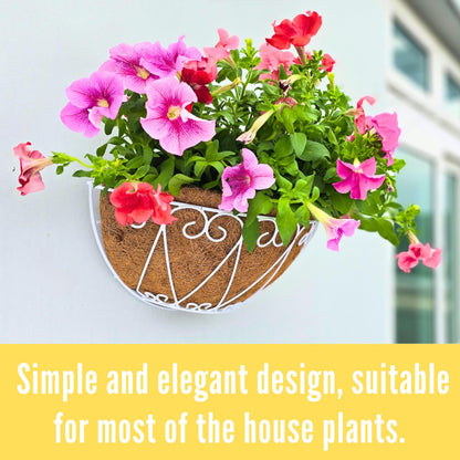 LaLaGreen Outdoor Wall Planters (2 Pack, 16 Inch) White Metal Wall Mounted Hanging Basket with Coco Liner, Large Flower Pot Plant Holder Planter for Fence Railing Deck Porch Balcony Modern Home Decor