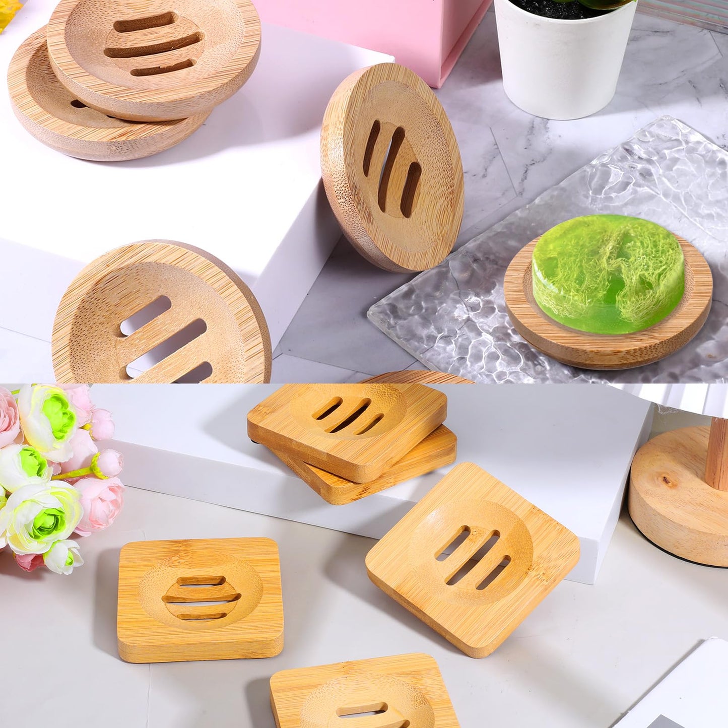 12 Pcs Bamboo Soap Dishes, Wooden Soap Tray Soaps Holder for Bathroom, Shampoo Bar Holder for Shower, for Home Bathroom(Square & Round)