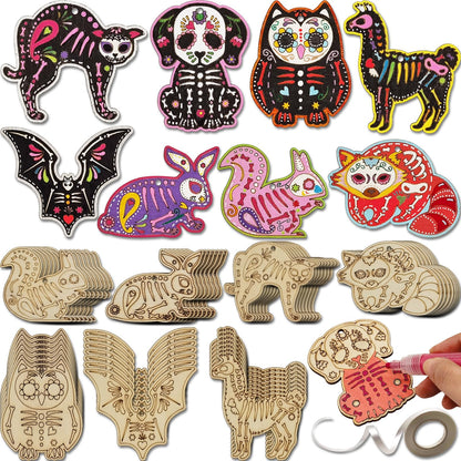 56 Sets Halloween Sugar Skull Crafts Day of Dead Animal Skeleton Unfinished Wooden Ornament DIY Painting Make Your Own Dia De Los Muertos Decorations Mexican Fiesta Blank Cutout Hanging Slices