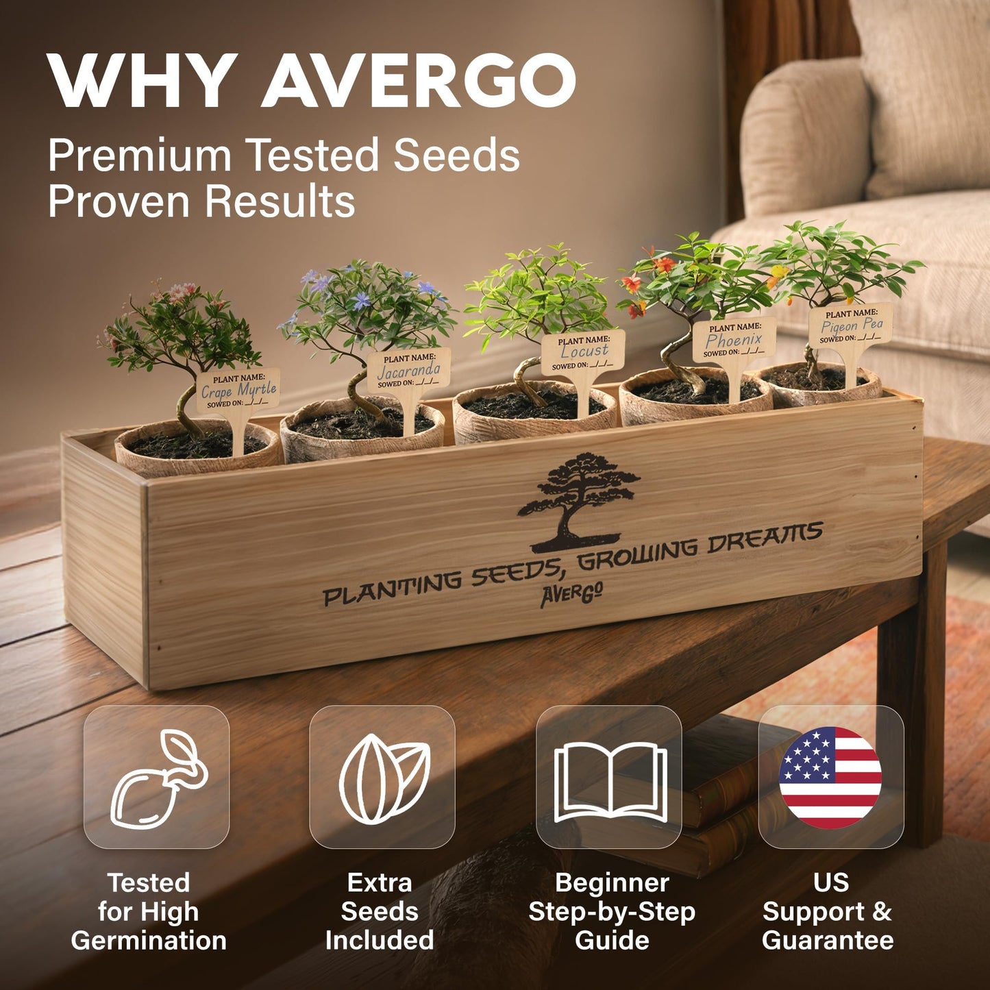 AVERGO Bonsai Tree Kit Classic - 5X Unique Japanese Bonzai Trees | Complete Indoor Bonsai Starter Kits for Growing Trees – DIY Gardening Gifts for Mother, Women & Men