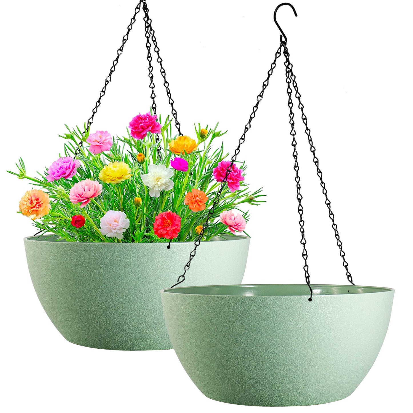 WOUSIWER 13 inch 2 Pack Large Hanging Planters for Indoor Outdoor Plants with Drainage Holes and Chain, Round Hanging Flower Pots for Garden Home Porch Decor, Green