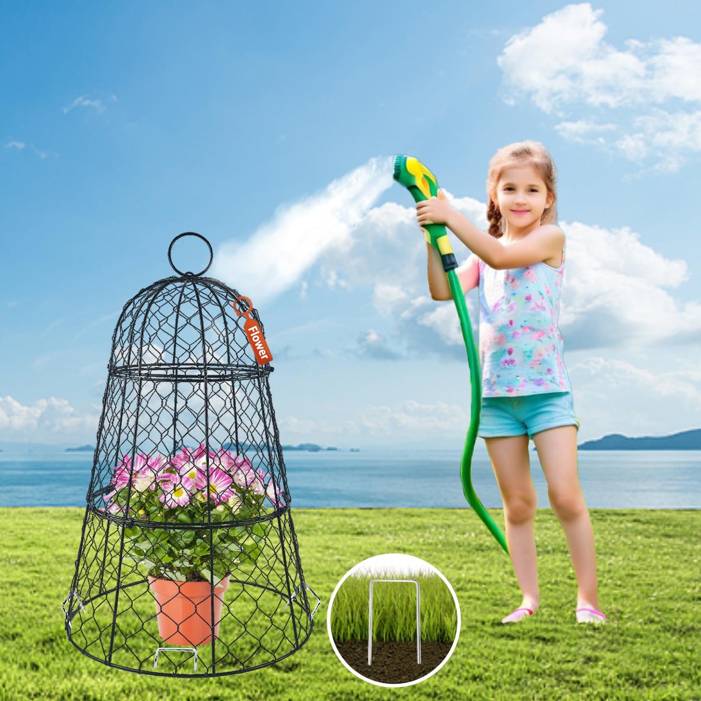 6 PCS 17.7"H X11.42"D Chicken Wire Plant Covers Protectors, Rustproof Heavy Duty Metal Plant Cage with Stakes & Labels, Modular Garden Cloches Design for Seedling Flower Vegetable Protect from Animals