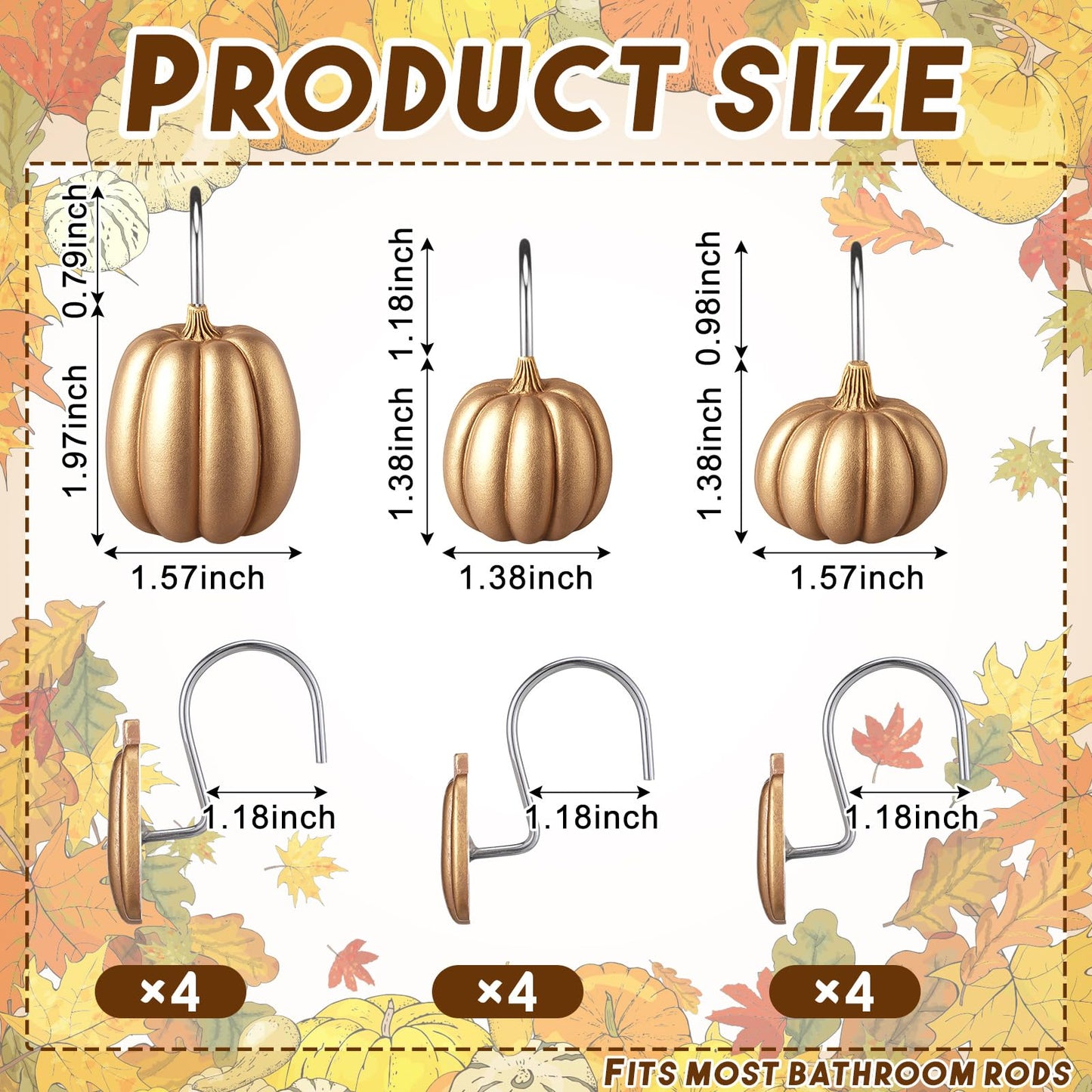 Weysat 12 Pcs Pumpkin Decorative Shower Curtain Hooks Fall Shower Curtain Rings Hanger Stainless Steel Resin Thanksgiving Bathroom Hook for Halloween Farmhouse Rustic Bathroom Decor(Gold,Pumpkin)