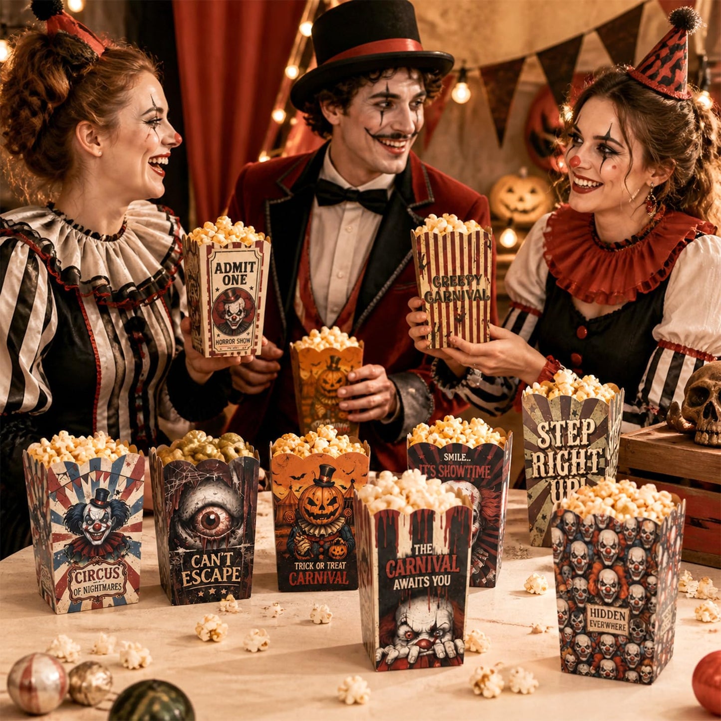 100 Pcs 10 Styles Halloween Creepy Clown Popcorn Boxes Cardboard Popcorn Bags Snack Boxes Spooky Treat Bags for Candy Biscuits Party Favors Halloween Movie Night Supplies Party Supplies