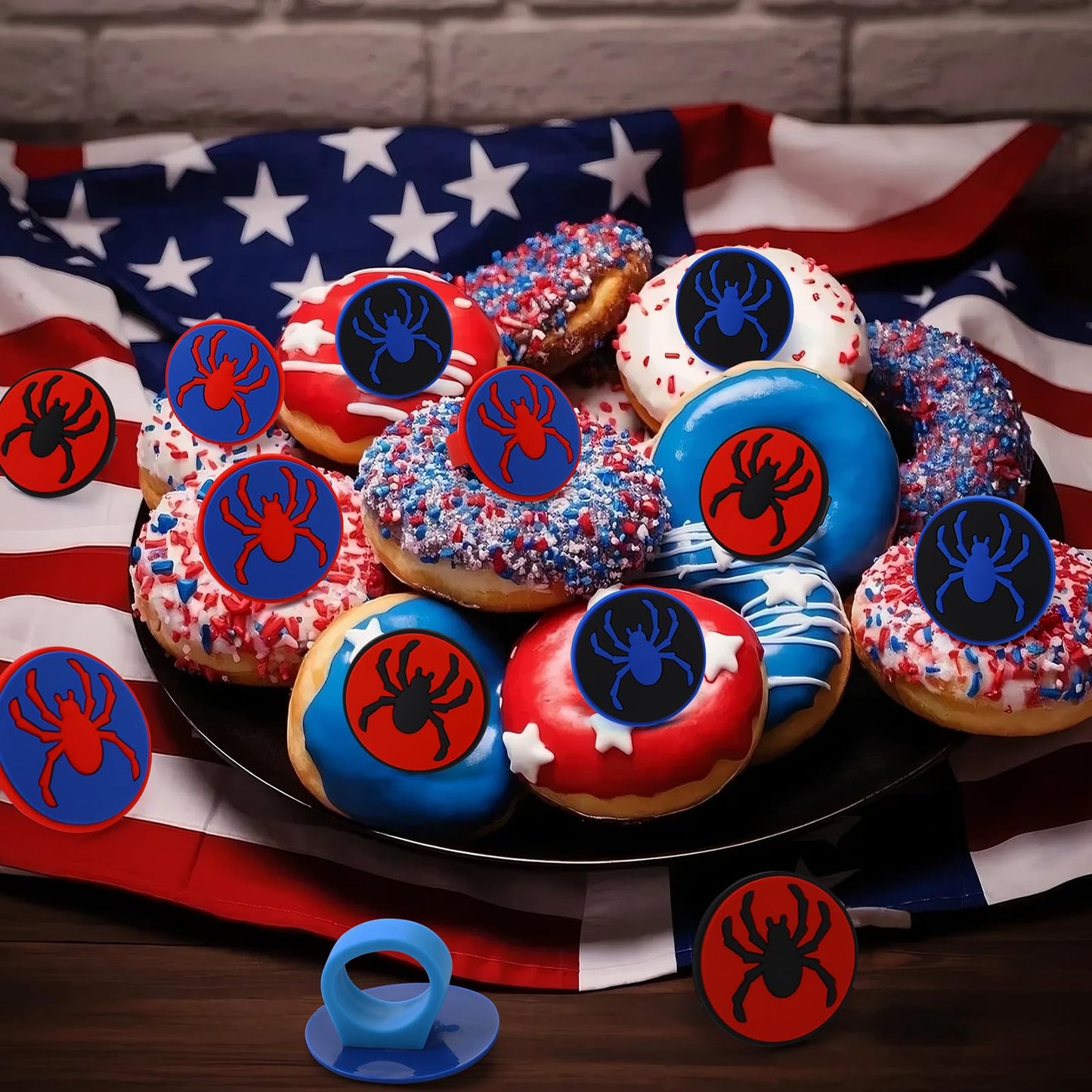 RoundFunny 48 Pcs Spider Cupcake Toppers Cake Decorations Spider Birthday Party Decoration Cupcake Dessert Rings Toppers for summer Party Gifts Classroom Prizes(Red/blue/black)