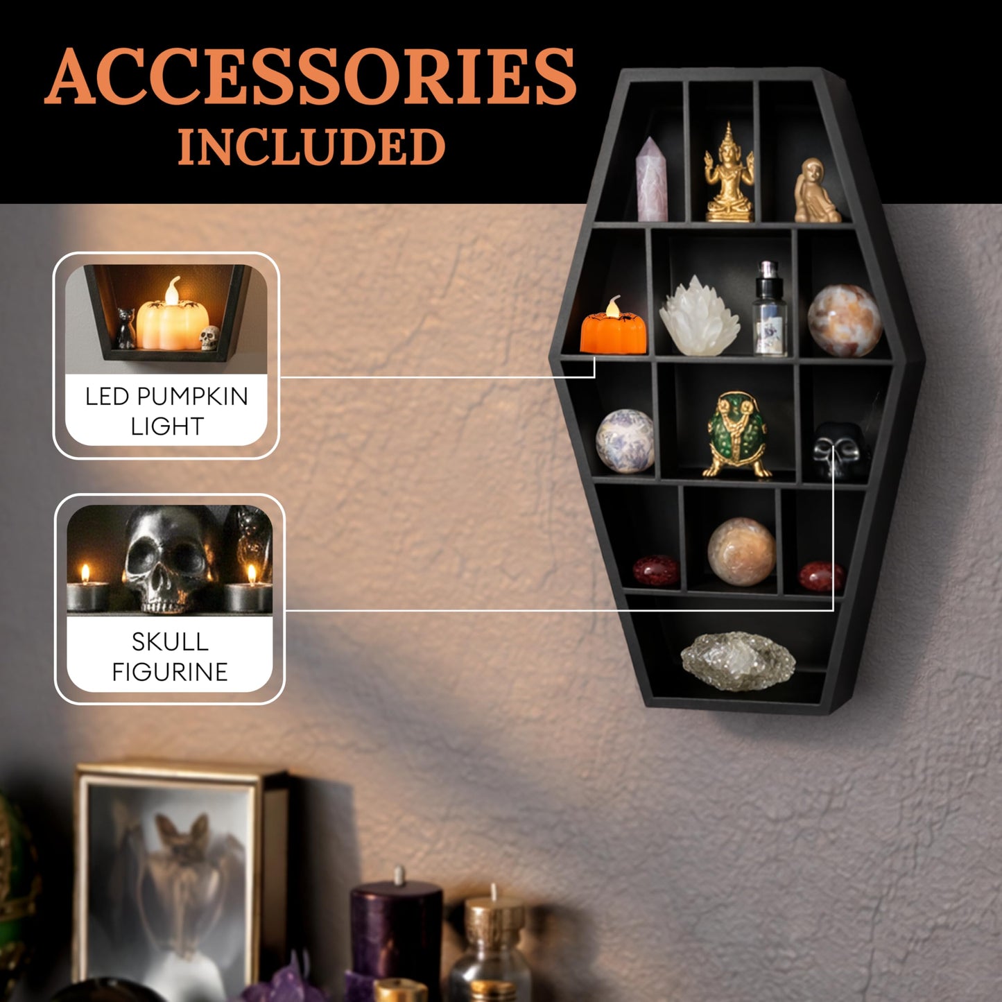 Gothic Curiosities Curio Coffin Shelf - Wooden Goth Decor for Display or Storage of Shot Glasses, Mini Figures, Rocks, and More - 17 by 9.75 by 2.75 Inches