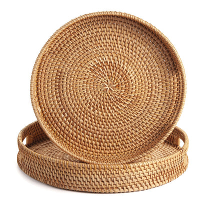 Coffee Table Tray Round Rattan Ottoman Tray Woven Serving Trays with Handles for Home and Kitchen Decorative Natural (Large 14 inch x 2.4 inch)