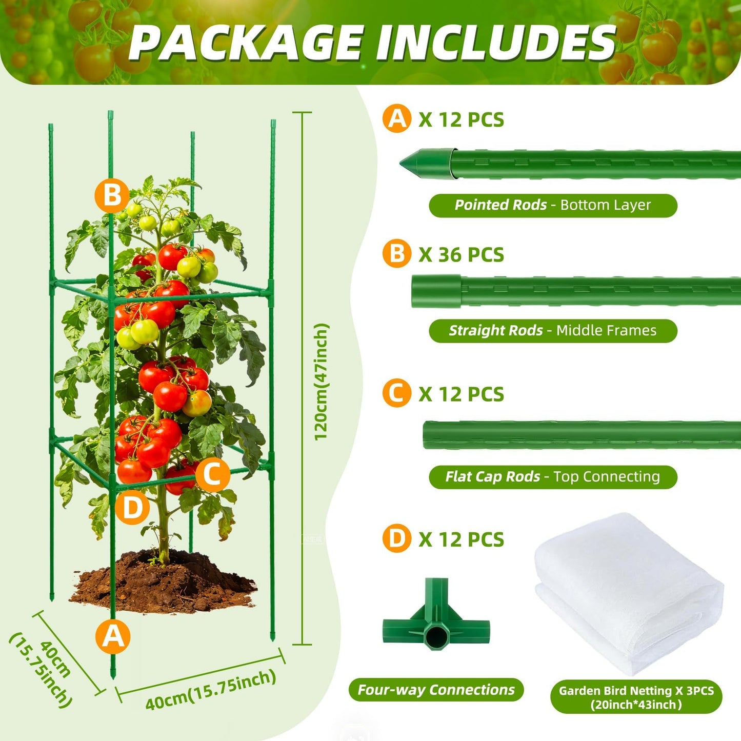 NRWRTY 3 Pack Square Tomato Cages with 3 Plant Covers, 47 Inch Tall Cages for Tomato, Tomato Trellis with Bird Netting, Vertical Garden Trellis for Climbing Plants Vegetables in Outdoor
