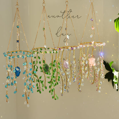 Crystal Hanging Suncatcher with Natural Stone, 16.9 Inch Decorative Wind Chime, Gold Chain & Branch Design (Purple)