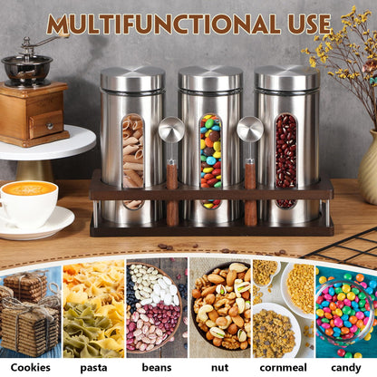 Suclain Stainless Steel Coffee Grounds Canisters with Shelf 3 x 50oz Sugar Coffee Bean Storage Container with Airtight Threaded Lid Glass Window Scoop Kitchen Jar Set for Bar Creamer Nut Tea