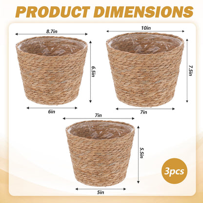 mekueeex 3 PCS Plant Baskets Indoor with Plastic Liner, Water Hyacinth Woven Planters Flower Basket, Planter Basket for Rustic Boho Home Farmhouse Floor Potted Pots Decor