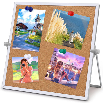 kdafio 11.81"×11.81" Cork Board Bulletin Board, Double Sided Pin Board with Silver Aluminum Border, Desktop Small Cork Board with Stand Suitable for Home, Office, Desk Message Board or Picture Board