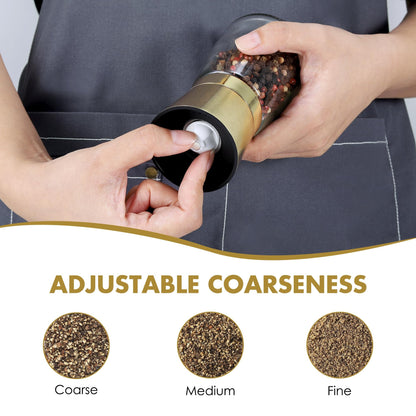 vzaahu Golden Salt and Pepper Grinders with Funnel, Brush - Adjustable Coarseness Shiny Gold Cap Seasalt Peppermill Set Refillable with Magnetic Lid, for Modern, Kitchen Decoration Gift