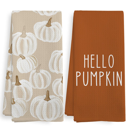 XNXLDYLH Fall Hello Pumpkin Kitchen Towels and Dishcloths Sets of 2, Fall Burnt Orange Beige White Pumpkin Decor Dish Hand Tea Towels Gifts for Bathroom Kitchen, Autumn Aesthetic Fall Decor, 16x24 in