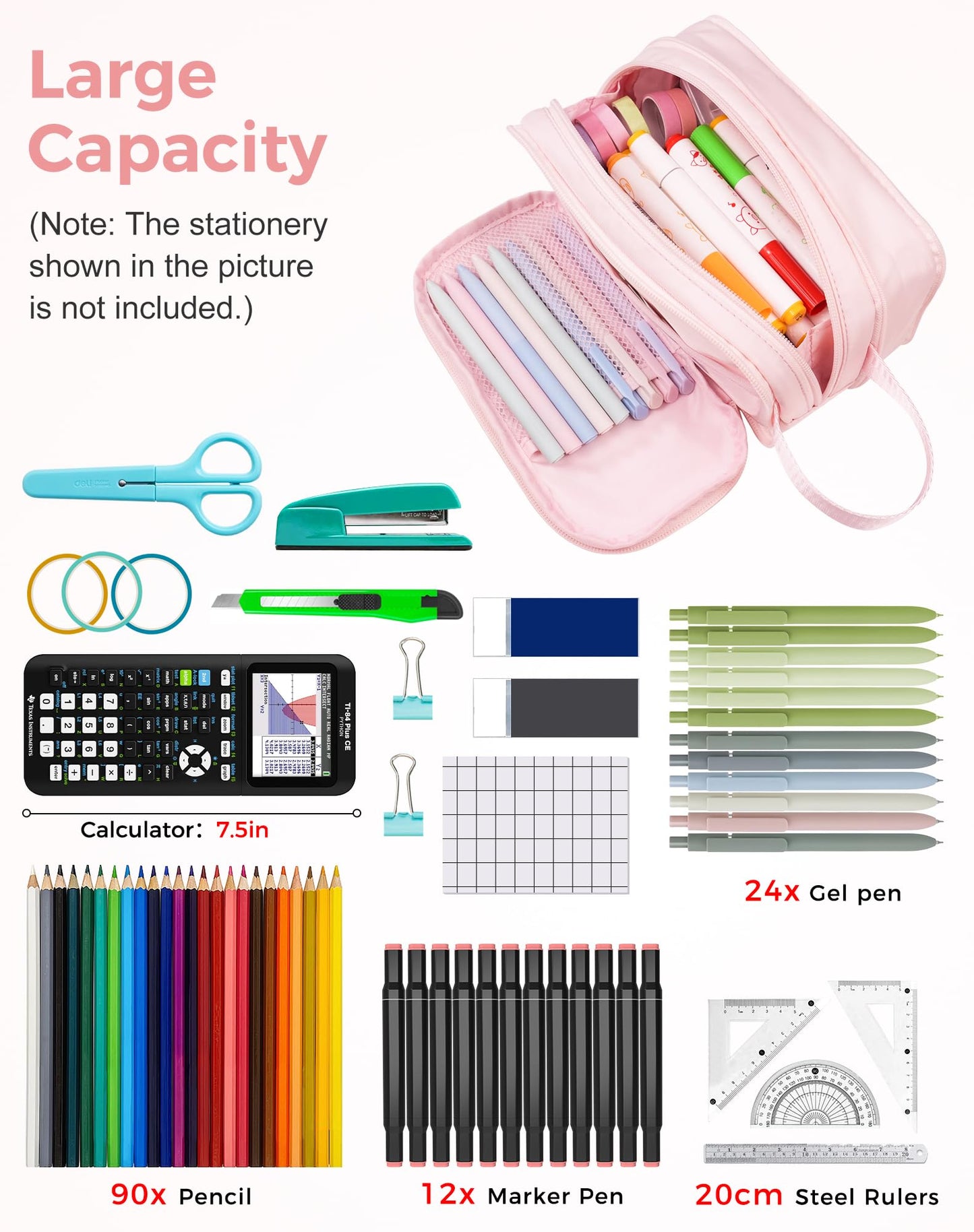 Fmeida Pencil Case Pouch Expandable - Extra Large Pencil Pouch Aesthetic Pencil Bag Office Stationery Organizer with Handle for Adult Men Women - Pink