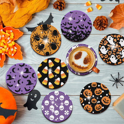 8 PCS Halloween Coasters with Holder - DIY Diamond Art Kit for Beginners, Adults, Kids (Halloween-2)