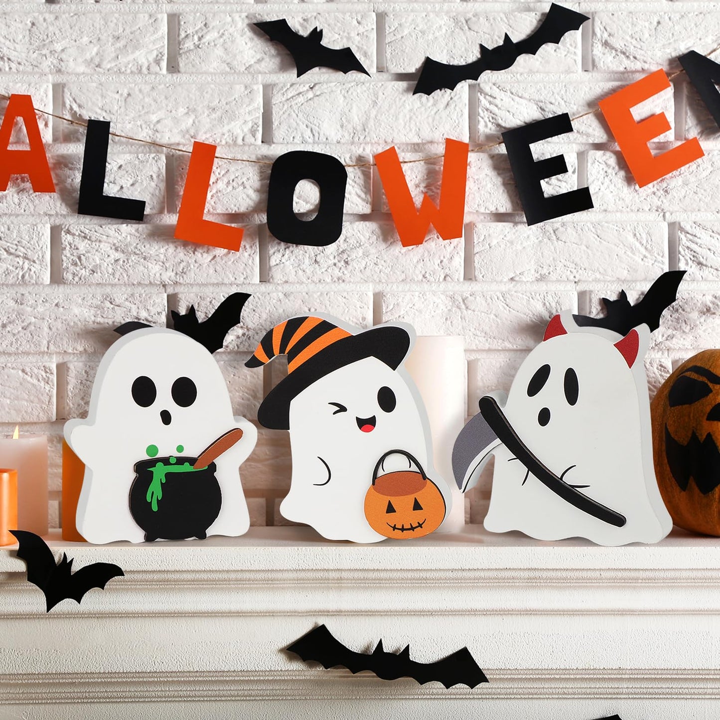 COCHIE Cute Ghost Halloween Decorations Indoor, Wooden Tiered Tray Decor Table Sign Set of 3, Black Cat Bat Witch Broom Signs Pumpkin Blocks for Party Home Shelf Display (C-Ghost)