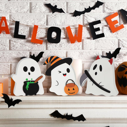 COCHIE Cute Ghost Halloween Decorations Indoor, Wooden Tiered Tray Decor Table Sign Set of 3, Black Cat Bat Witch Broom Signs Pumpkin Blocks for Party Home Shelf Display (C-Ghost)