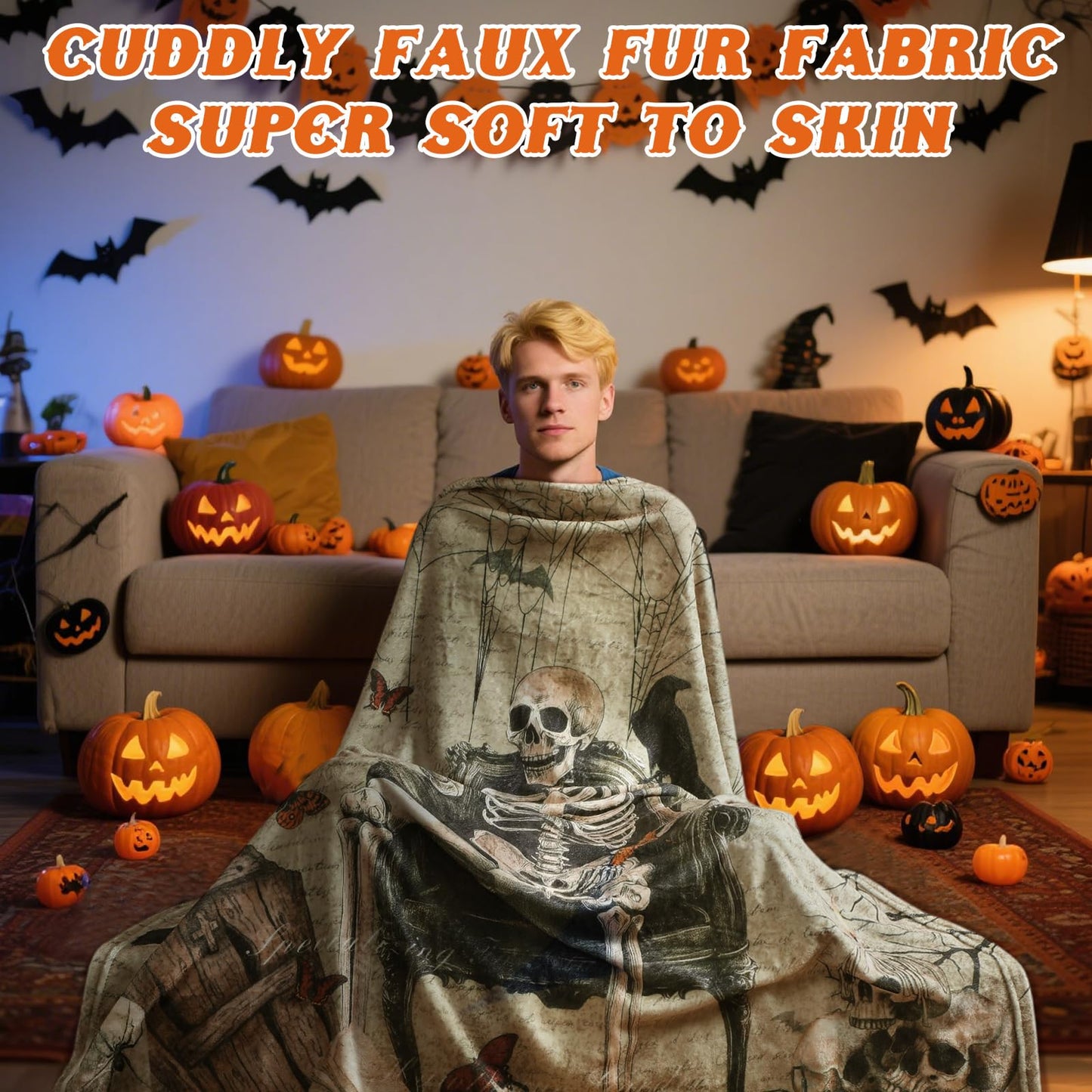 Breling Gothic Throw Flannel Blanket Ghost Skeleton Cozy Fuzzy Warm Throw Blanket Gothic Punk Themed Print for Winter Couch Sofa Bed Home Decor 60"x50"