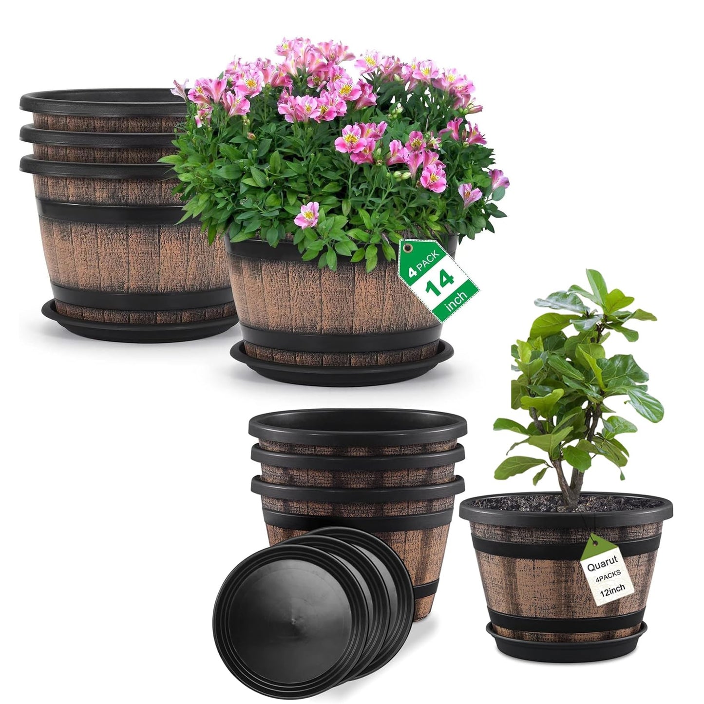 Quarut Large 4 Pack12 inch Plant Pots and 4 Pack14 inch Plant Pots,Flower Pots Imitation Wine Barrel Design for Indoor & Outdoor