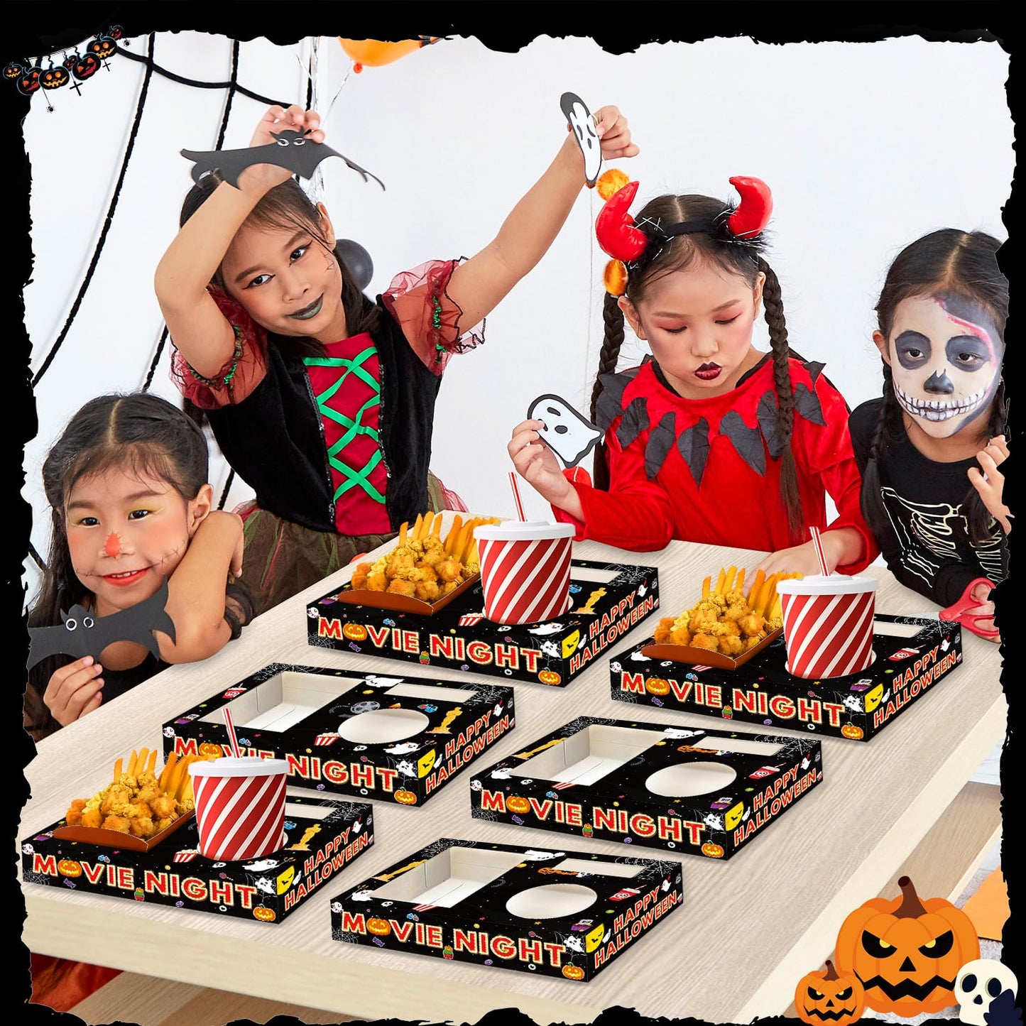 32Pcs Halloween Party Supplies Movie Night Paper Snack Trays Happy Halloween Pumpkin Candy Popcorn Drink Holder Theater Snack Boxes for Movie Theater Family Birthday Holiday Party Decorations