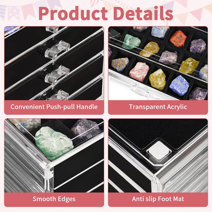 Bfttlity Acrylic Rock Display Case, 108 Grids Rock Collection Box for Kids, Clear Display Cases for Stones Collectibles Gemstone Crystals Storage Boxes (108 Grids)