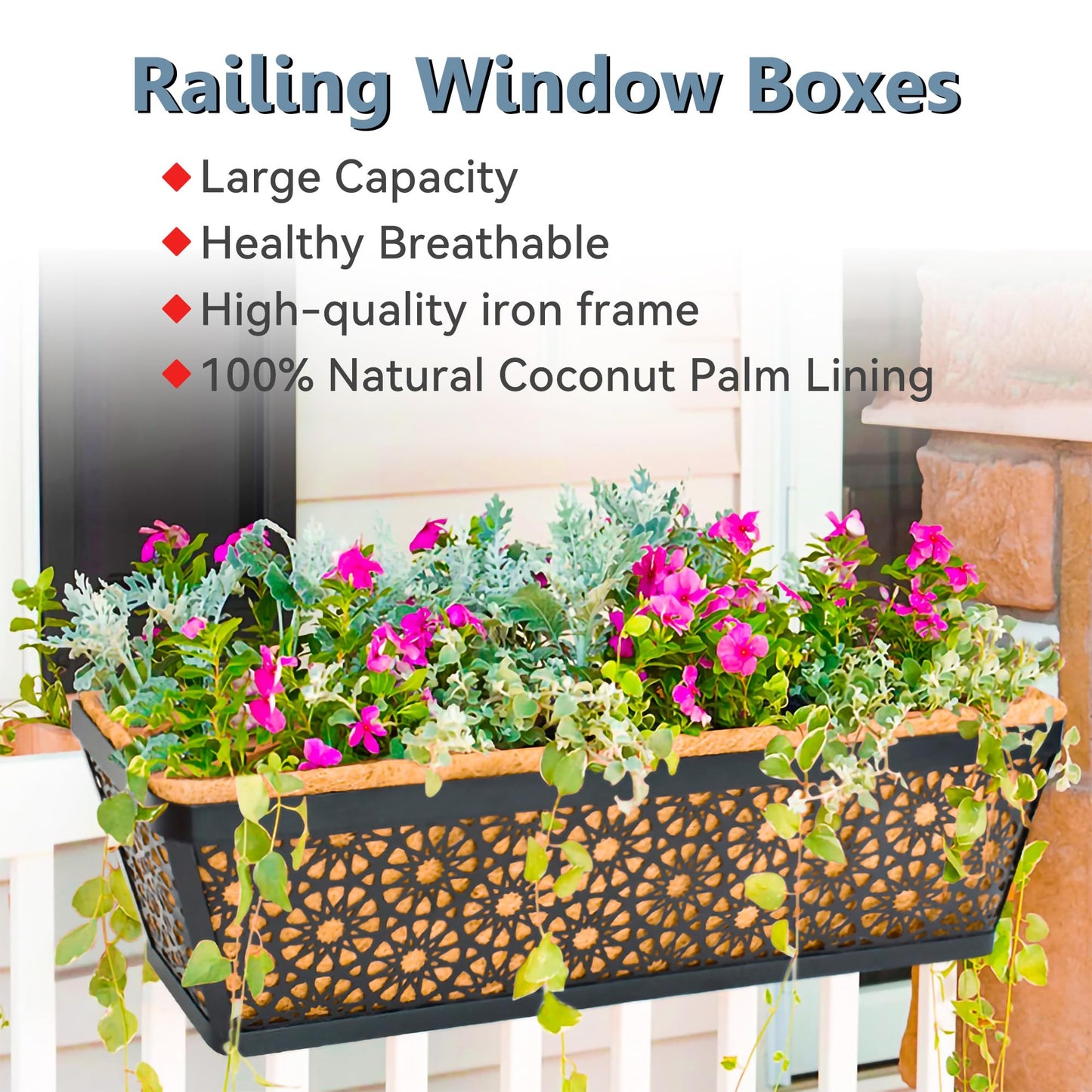 EIMQUVW 4 Pack 24" Railing Planter Window Box Deck Balcony Rail Planter Black Metal Flower Basket Horse Trough Planter with Coco Fiber Liner for Porch Fence Patio Outdoor