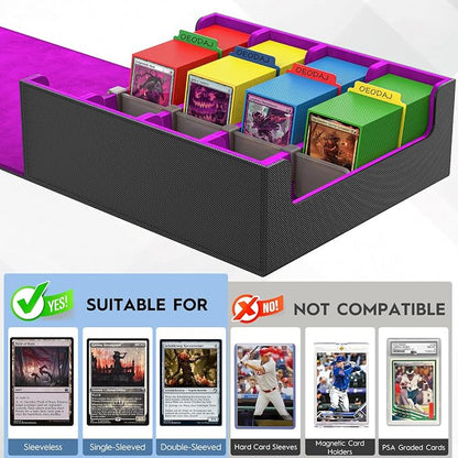 Trading Card Storage Box, 3200+ MTG Card Storage, 4 Row TCG Card Organizer Box with 24 Colorful Dividers and 4 Stands, PKM Bulk Storage, Deck Case Holder Fits for YuGiOh, Game Cards (Black & Purple)