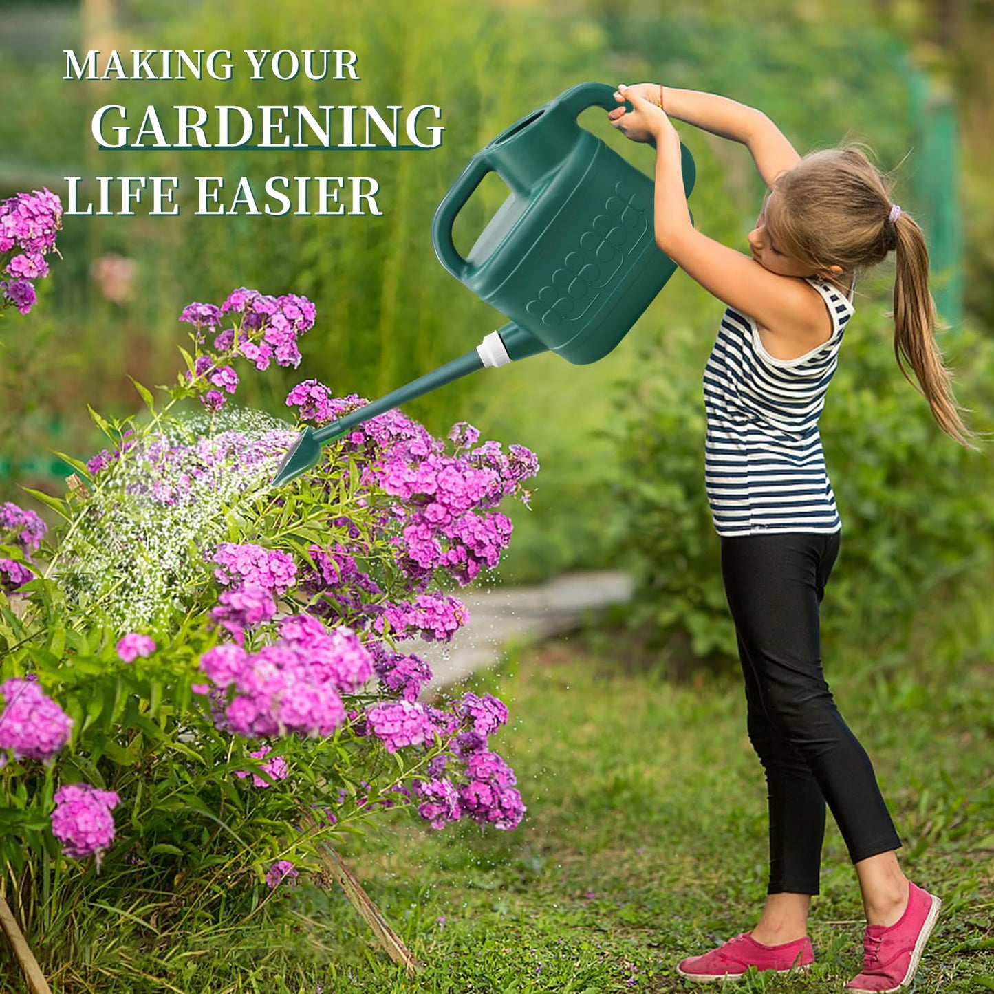 2 Gallon Watering Can, Garden Watering Can Outdoor, Plant Water Can with Removable Long Spout and Stainless Steel Sprinkler Head, Large Plastic Outdoor Watering Cans for Gardening Flower Plants