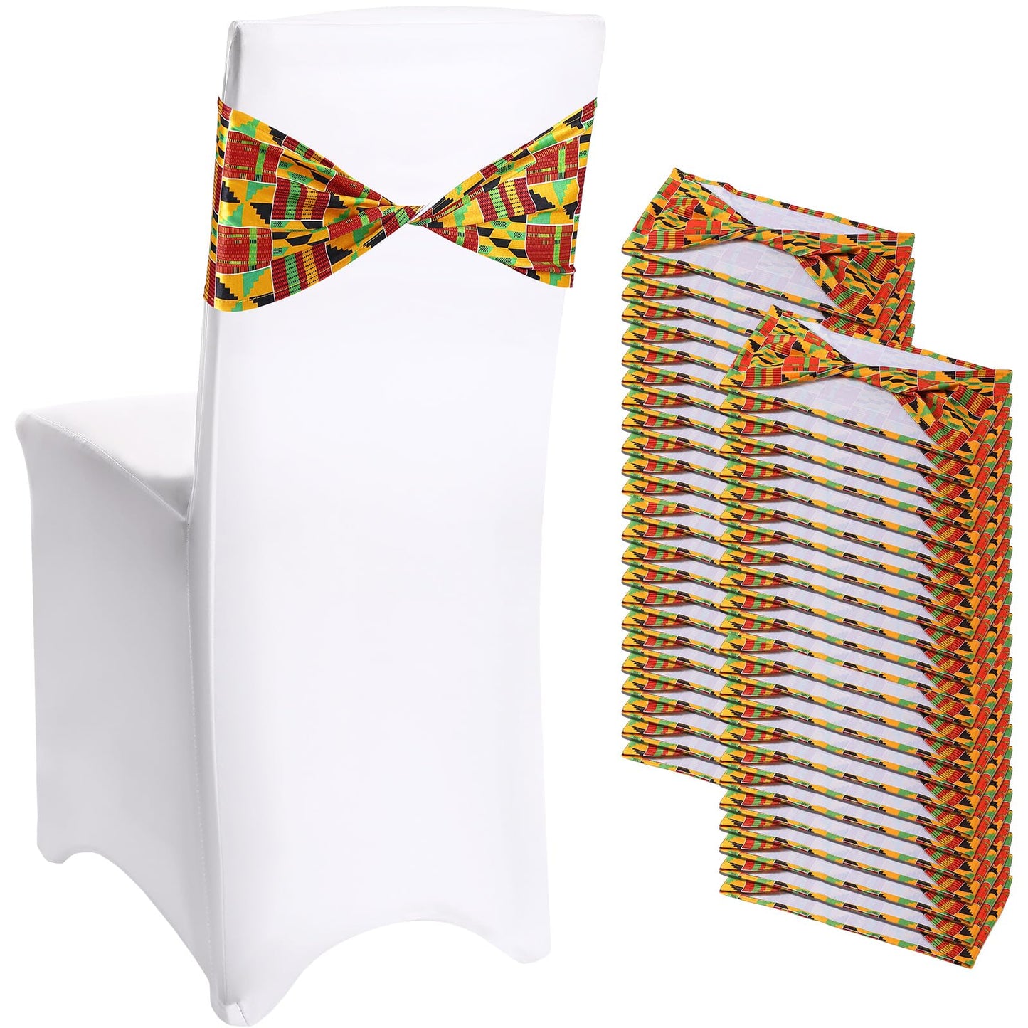 Newwiee 48 Pcs African Kente Chair Sashes Spandex African Kente Chair Covers Animal Print Elastic Chairs Sashes Bow Polyester Bands Ties Without Buckle for Animal Safari Theme Party Birthday Decor