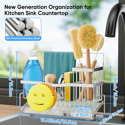 Adurei Sponge Holder for Kitchen Sink 304 Stainless Steel Self-Draining Sink Caddy with Smiley Face Sponge and Brush Holder Towel Bar and Divider Kitchen Gadgets Organizer for Countertop, Silver