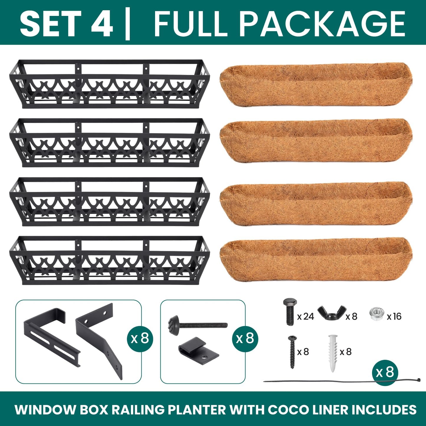 TPHUC 4 Pack Window Box Railing, 24IN Black Metal Hanging Flower Planter Basket with Coco Liner for Outdoor Balcony Porch Fence Patio for Home, Office and Hotel (Black)