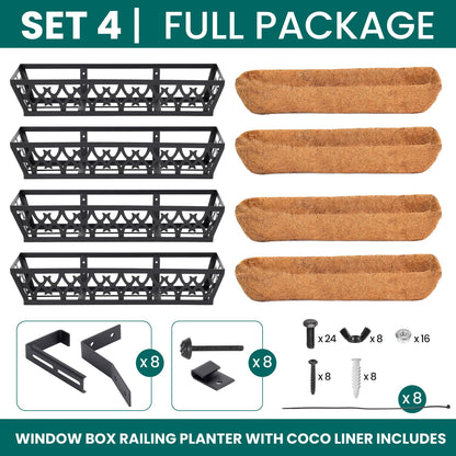 TPHUC 4 Pack Window Box Railing, 24IN Black Metal Hanging Flower Planter Basket with Coco Liner for Outdoor Balcony Porch Fence Patio for Home, Office and Hotel (Black)