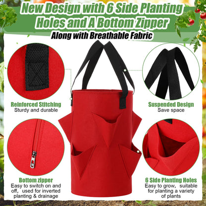 SATINIOR 6 Pack Upside Down Tomato Herb Planter 3 Gallon Hanging Grow Bags Outdoor Strawberry Planters with 6 Planting Holes and 1 Bottom Zipper Grow Bags with Hooks for House Vegetable Gardening