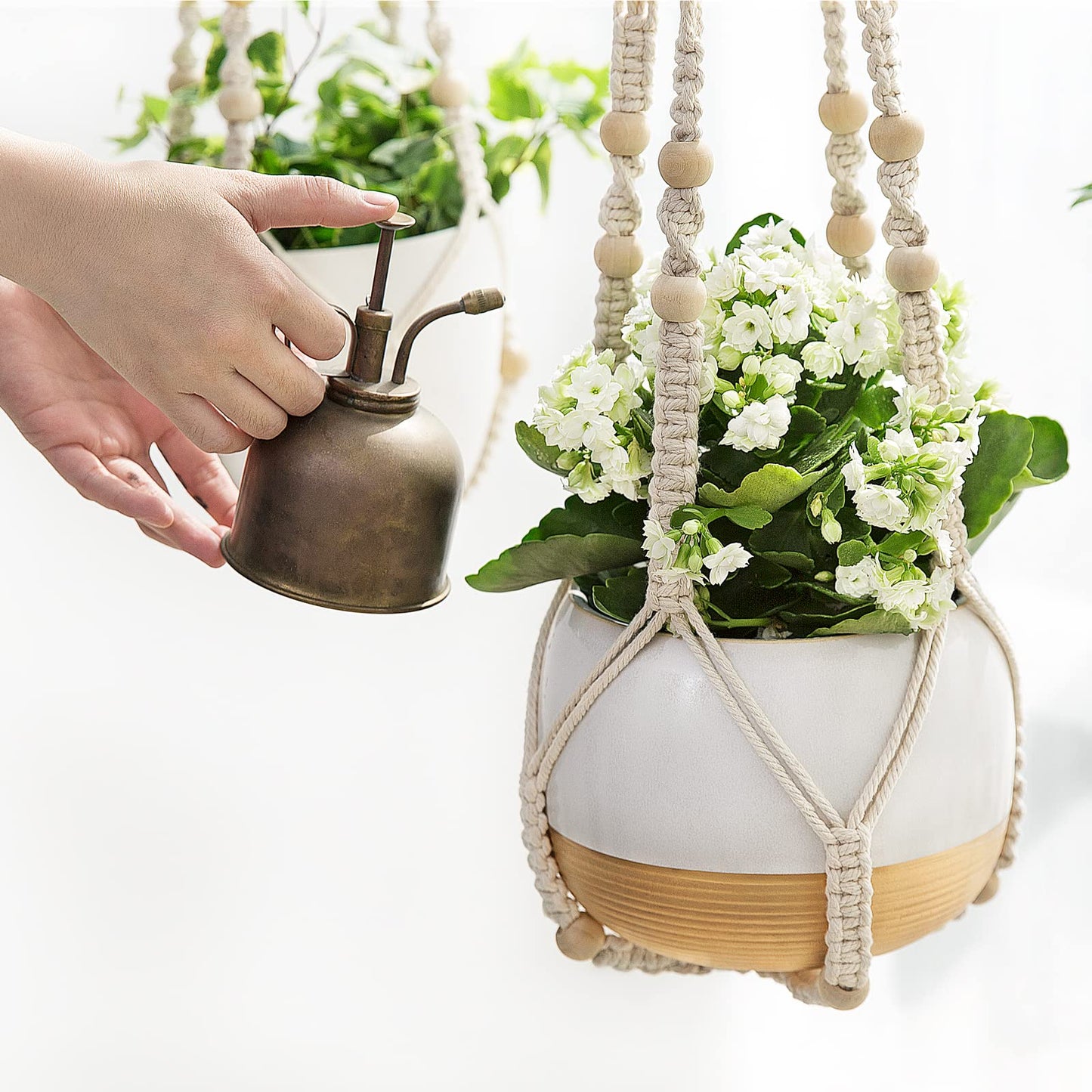 Mkono 3 Pack Macrame Plant Hangers and Ceiling Hooks, Different Size Hanging Planter Basket Flower Pot Holder with Beads，Medium, Ivory